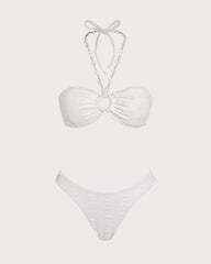 White Halter Jacquard Bandeau Bikini Set