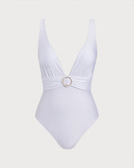 White V Neck One Piece Swimwear