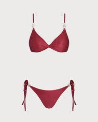 Red V Neck Triangle Drawstring Bikini Set