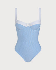 Blue Textured Contrasting Underwire One Piece