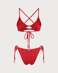 Red U Neck Textured Bikini Set