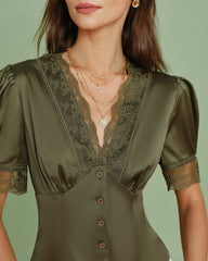 Green V Neck Puffed Sleeve Lace Blouse