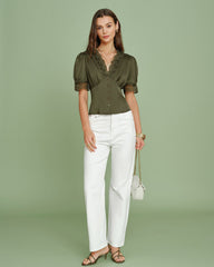 Green V Neck Puffed Sleeve Lace Blouse