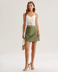 Green Satin Elastic Waist A-Line Mini Skirt