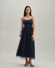 Blue Shirred Flowy Slip Maxi Dress