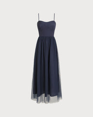 Blue Shirred Flowy Slip Maxi Dress