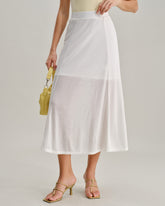 White Elastic Waist Straight Midi Skirt