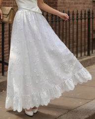 White Floral Elastic Waist Midi Skirt