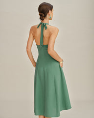 Green Halter Button Pockets Midi Dress