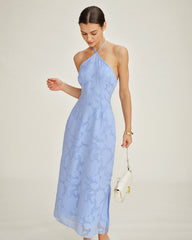 Blue Halter Jacquard Slip Maxi Dress