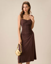 Women's Coffee Ruched Knitted Slip Midi Dress