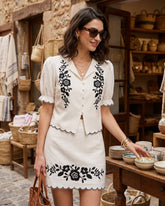 Beige Puffed Sleeve Embroidery Contrasting Blouse