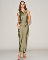 Green Satin Boat Neck Slip Midi Dress