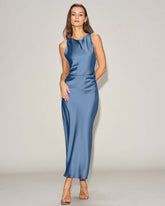 Blue Satin Boat Neck Slip Midi Dress