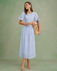 Blue Floral Textured Midi Dress