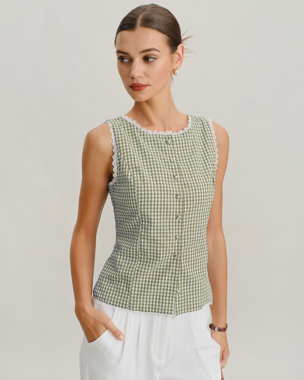 Green Boat Neck Plaid Tank Top