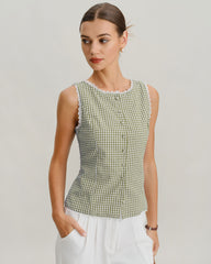 Green Boat Neck Plaid Tank Top