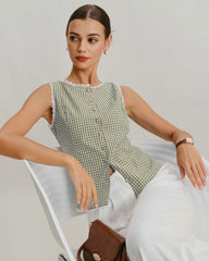 Green Boat Neck Plaid Tank Top