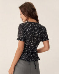 Black Floral Scoop Neck Blouse