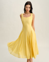 Yellow Square Neck Pleated Slip Midi Dress
