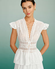 White V Neck Cut Out Tee