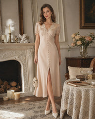 Apricot V Neck Lace Midi Dress