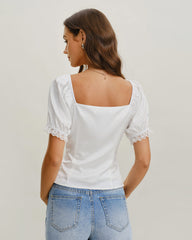 White Square Neck Lace Satin Blouse