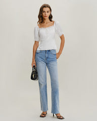 White Square Neck Lace Satin Blouse
