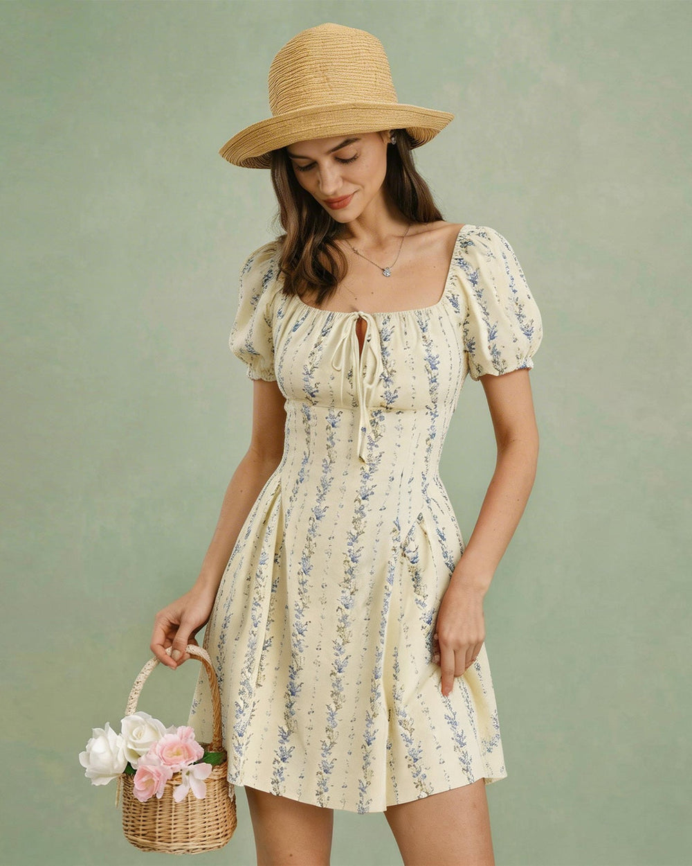 Apricot Square Neck Floral Mini Dress