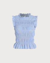 Blue Plaid Shirred Button Tank