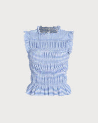 Blue Plaid Shirred Button Tank