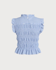 Blue Plaid Shirred Button Tank