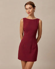 Red Boat Neck Backless Mini Dress