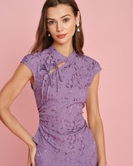 Purple Mandarin Collar Jacquard Tee