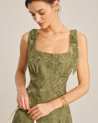 Green Square Neck Jacquard Tank Top