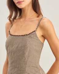 Brown Sleeveless Plaid Shirred Cami Top