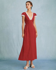 The Red V Neck Polka Dot Lace Ruched Maxi Dress