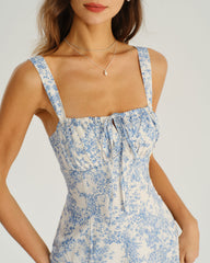 Blue Floral Ruched Slip Midi Dress