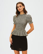 Apricot Lantern Sleeve Shirred Plaid Tee