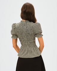 Apricot Lantern Sleeve Shirred Plaid Tee