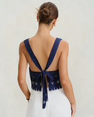 Blue Embroidery Contrasting Tank Top