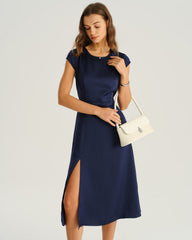 Navy Satin Cut Out Slit Midi Dress