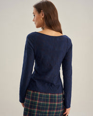 Navy Sweetheart Neck Lace Tee