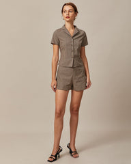 The Brown Lapel Gingham Short Sleeve Blouse