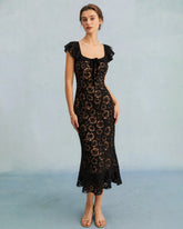 Black Textured Ruffle Mermaid Midi Dress