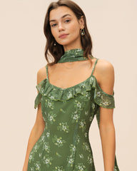 Green V Neck Ruffle Floral Maxi Dress