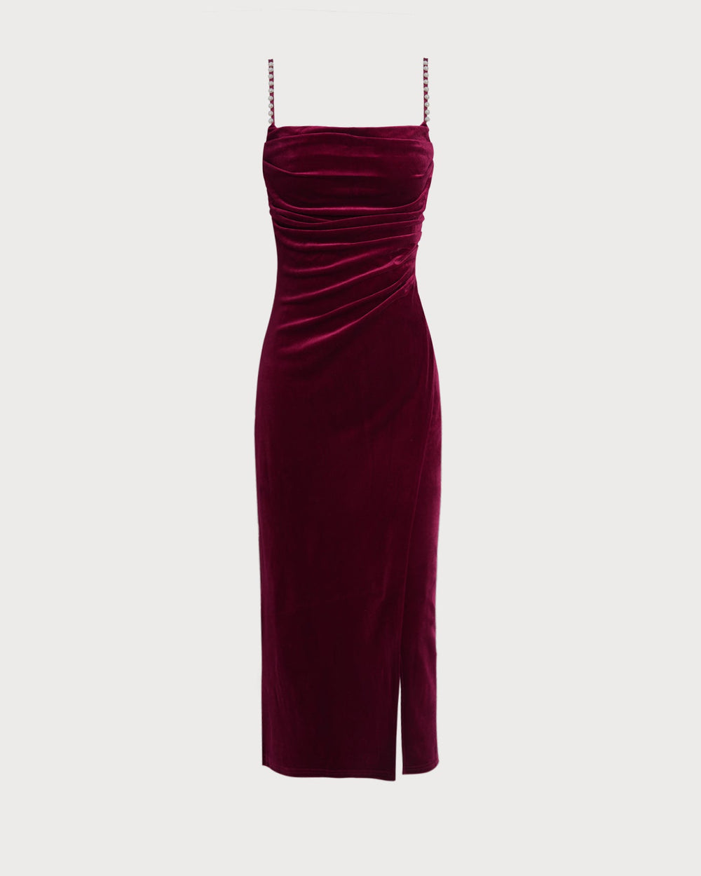 Wine Red Sleeveless Straps Velour Midi Dress