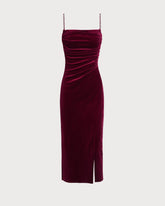 Wine Red Sleeveless Straps Velour Midi Dress