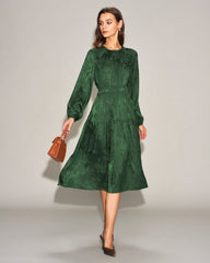 Green Jacquard Lantern Sleeve Midi Dress