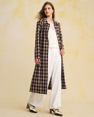 Brown Plaid Pocket Long Coat